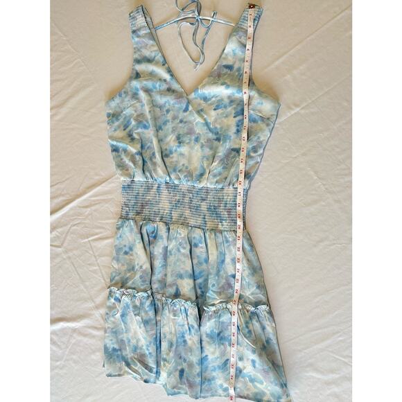 KLD Signature Blue Watercolor Sleeveless Smocked  Mini Dress V Neck Size Medium - Picture 10 of 12
